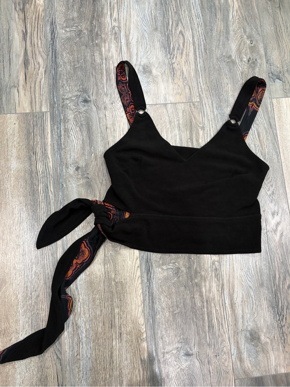 Free People Black Crop Top with Paisley-Trim Straps and Side Tie